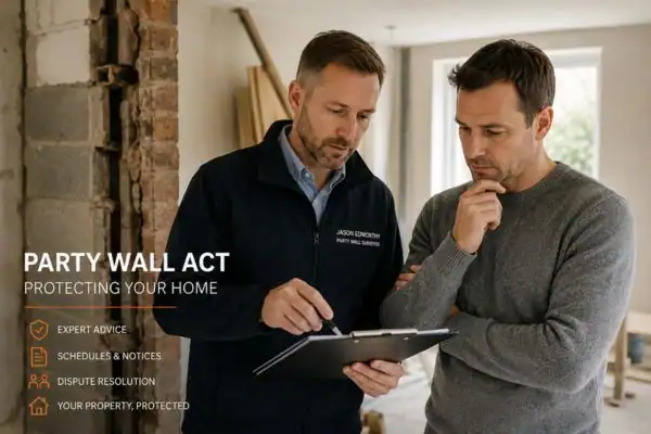 Party wall surveyor Maidstone discussing extension plans with homeowner outside a UK semi-detached house.
